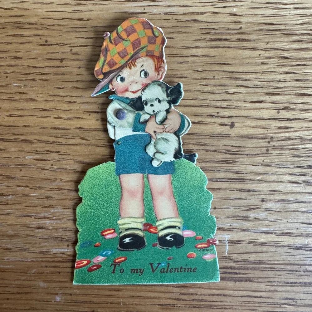 Vintage Valentine Card Boy Holding Puppy Germany‎ Lithograph Retro Collectible